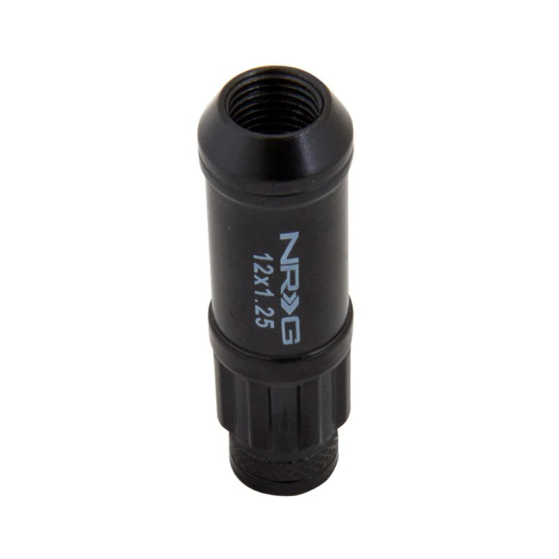 NRG 700 Series M12 x 1.25 black steel lug nuts with dust caps, locking nuts, and socket key.