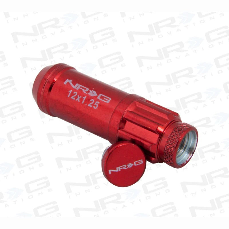 Red NRG 700 Series steel lug nuts with dust cap covers, locking nuts, and specialized lock socket.