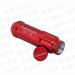 Red NRG 700 Series steel lug nuts with dust cap covers, locking nuts, and specialized lock socket.