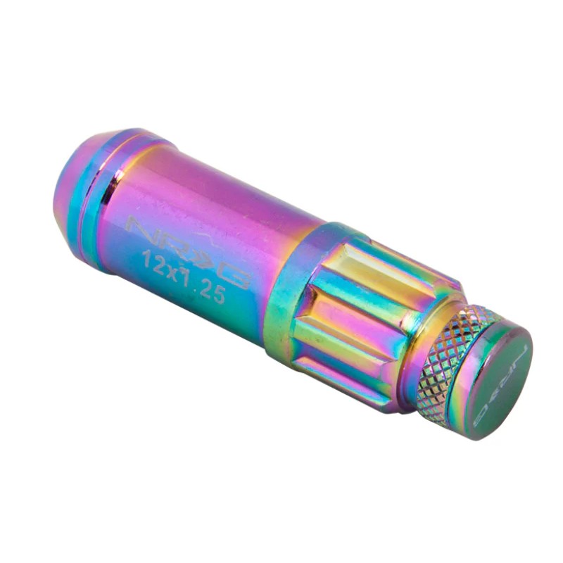 Neochrome NRG 700 Series M12 x 1.25 steel lug nuts with dust cap covers and security lock key.