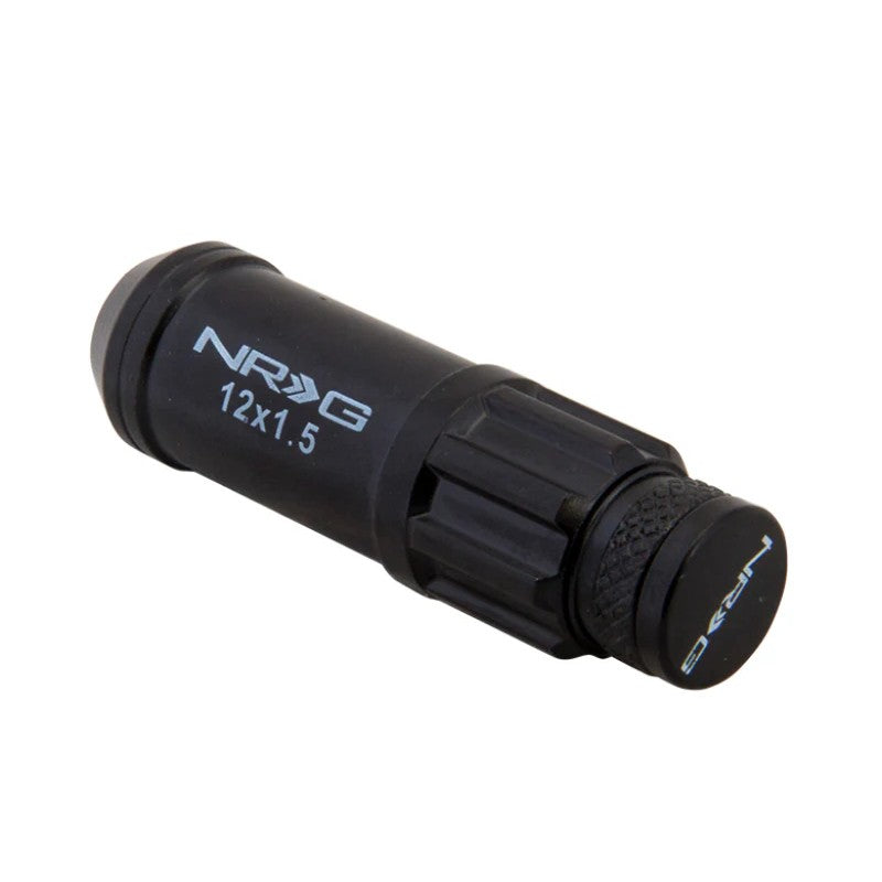 Black NRG 700 Series M12 x 1.5 steel lug nuts with dust cap covers and security lock key socket.