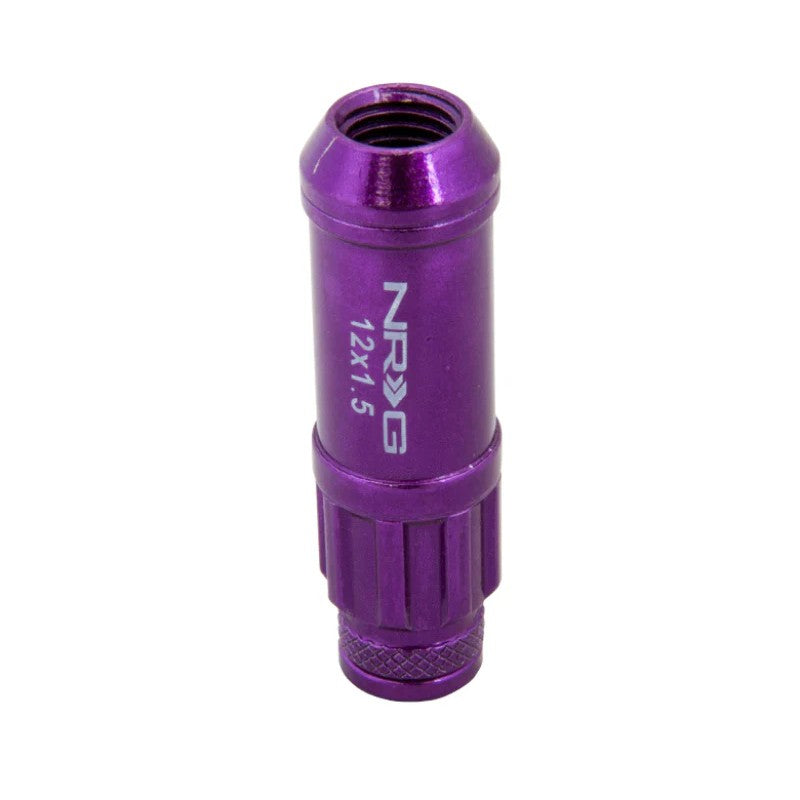 NRG 700 Series M12 x 1.5 purple steel lug nuts with dust caps and matching security lock key