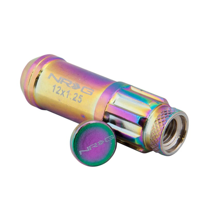Neochrome NRG 700 Series M12 x 1.5 steel lug nut set including dust cap covers and security wheel locks.