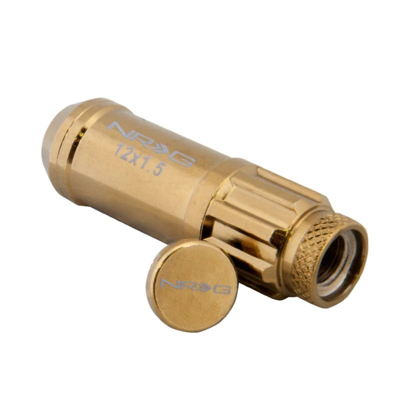 NRG 700 Series Chrome Gold M12 x 1.5 steel lug nuts with integrated dust caps, wheel locks, and installation socket tool