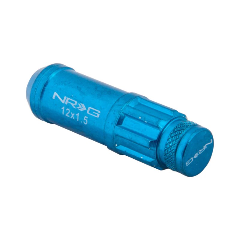 21-piece set of blue NRG 700 Series M12 x 1.5 steel lug nuts with dust caps, security locks, and a lock key socket.