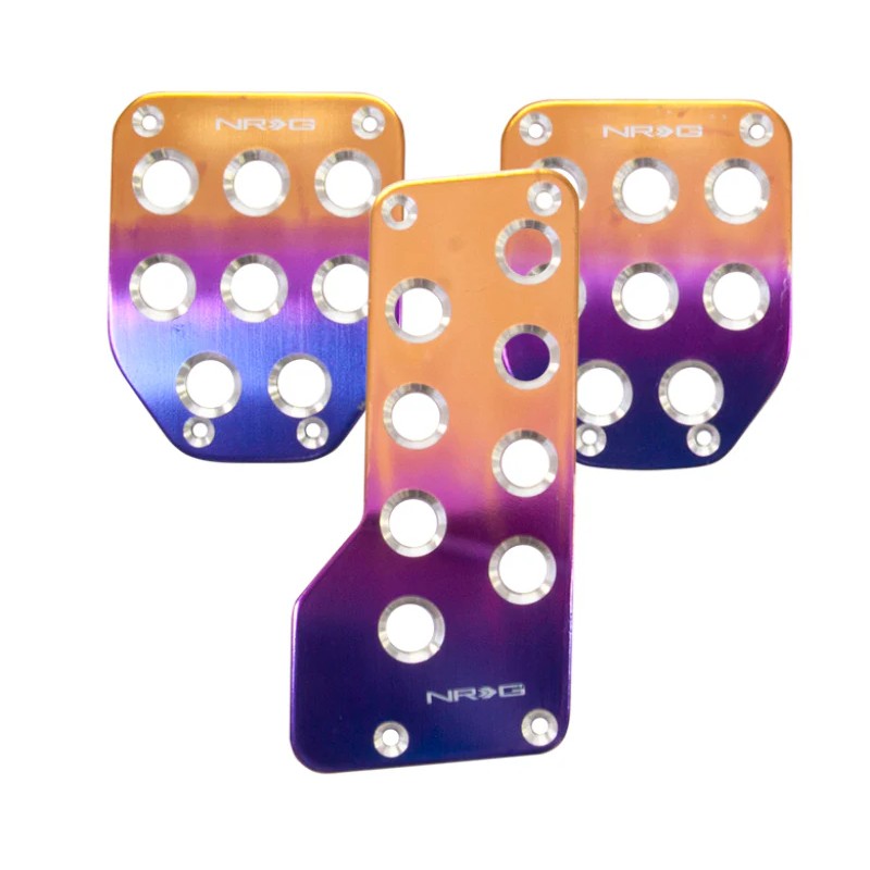 NRG aluminum sport pedals for manual transmission vehicles with a purple to titanium color fade finish.