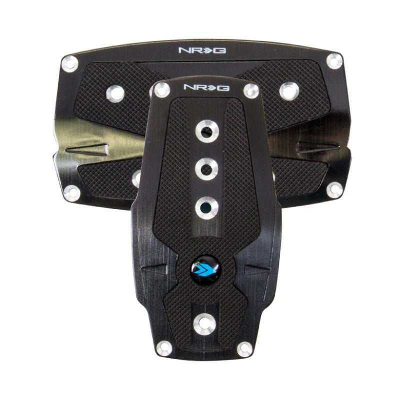 Black brushed aluminum automatic transmission pedal set with black rubber grip inserts.