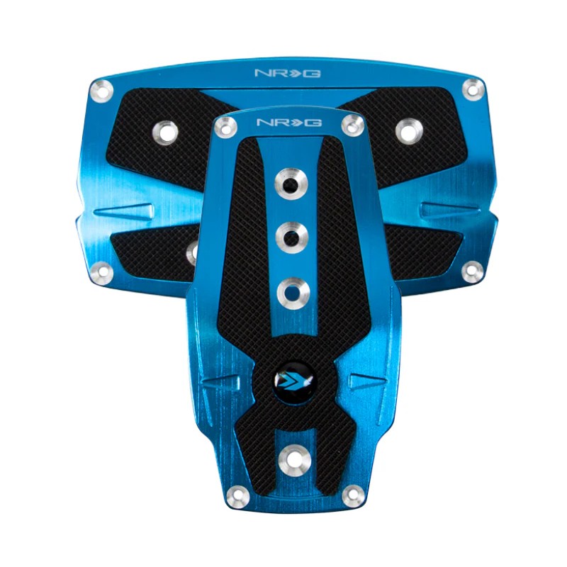 Blue brushed aluminum NRG sport pedal covers with black rubber anti-slip inserts for automatic transmission vehicles.