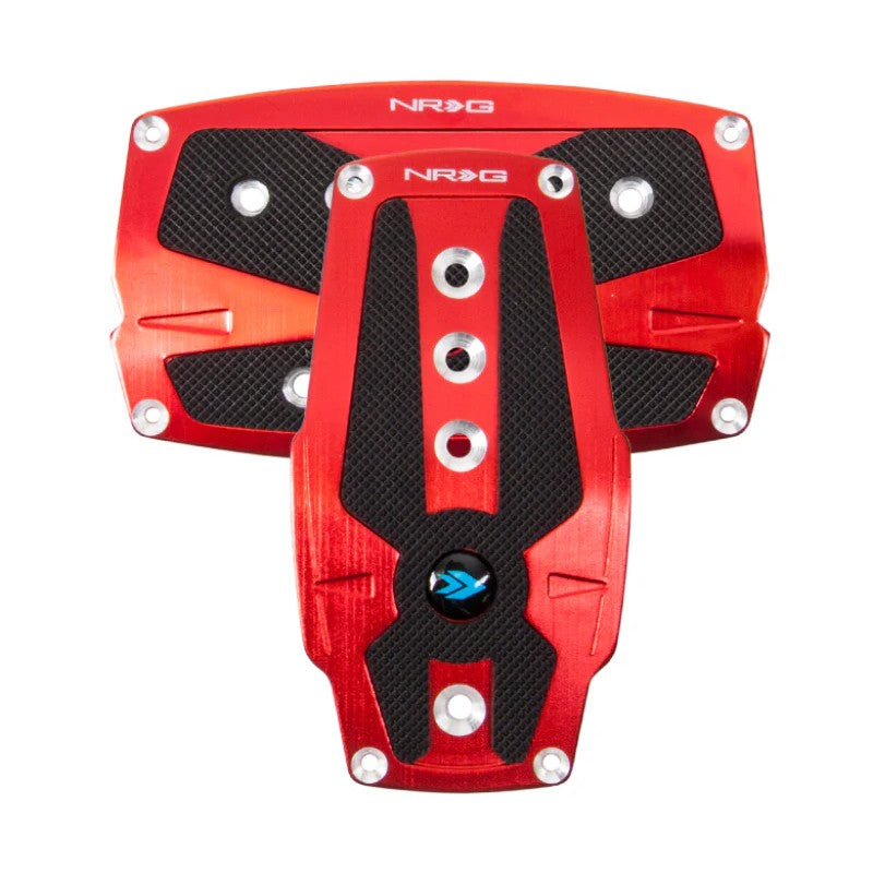 Red brushed aluminum automatic transmission sport pedals with black rubber grip inserts