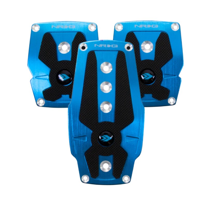 NRG blue brushed aluminum manual transmission sport pedals featuring black anti-slip rubber inserts