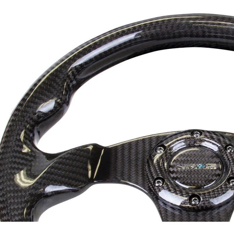 320mm flat bottom steering wheel featuring a high-gloss black carbon fiber rim and three-spoke center.