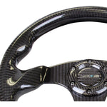 320mm flat bottom steering wheel featuring a high-gloss black carbon fiber rim and three-spoke center.