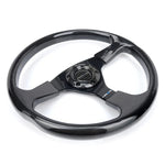 NRG 350mm carbon fiber steering wheel with three-spoke design and 6-bolt mounting pattern.