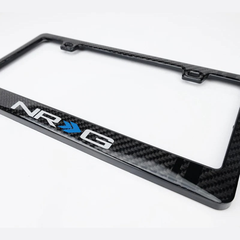 Glossy carbon fiber style license plate frame with NRG logo and poly dip finish.