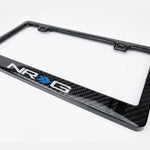 Glossy carbon fiber style license plate frame with NRG logo and poly dip finish.
