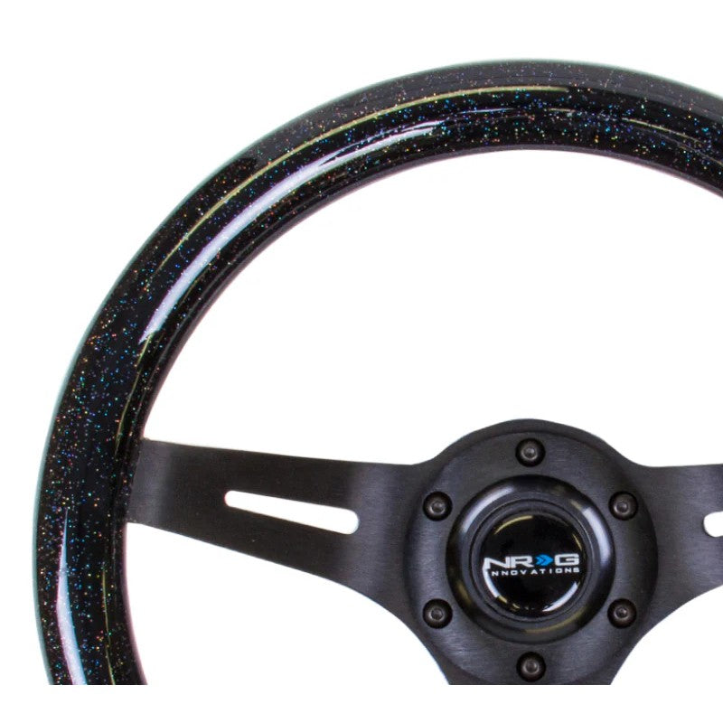 NRG Classic Wood Grain steering wheel with a 310mm diameter, Black Sparkle rim, and black 3-spoke center.