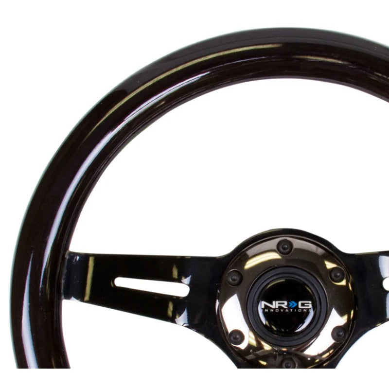NRG Classic 310mm steering wheel with black wood grain rim and black chrome 3-spoke center