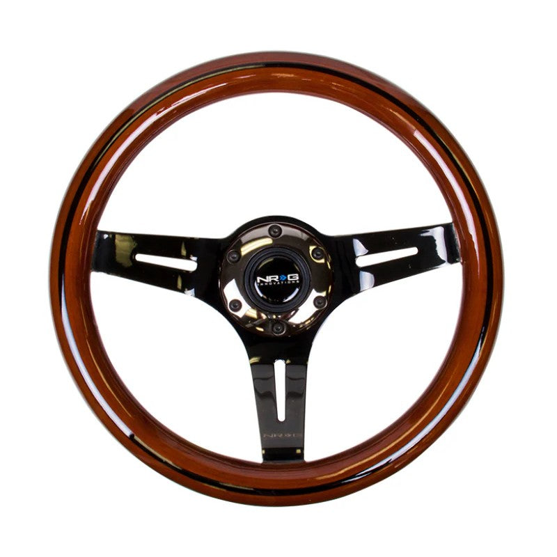 NRG Classic 310mm steering wheel with dark wood rim, black line inlay, and black chrome three-spoke center.