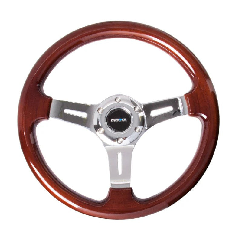 NRG Classic 330mm wood grain steering wheel with polished chrome 3-spoke center and NRG horn button.