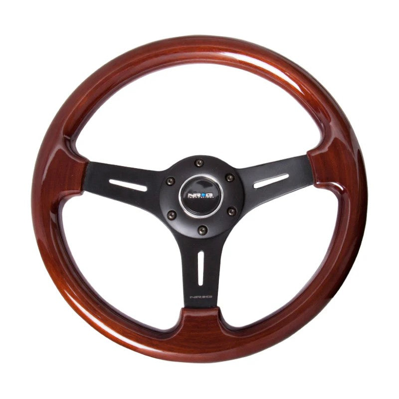 NRG Classic 330mm steering wheel with high-gloss wood grain rim and matte black 3-spoke center.