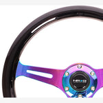 350mm NRG Classic series steering wheel featuring a gloss black wood grain grip and iridescent neochrome 3-spoke center.