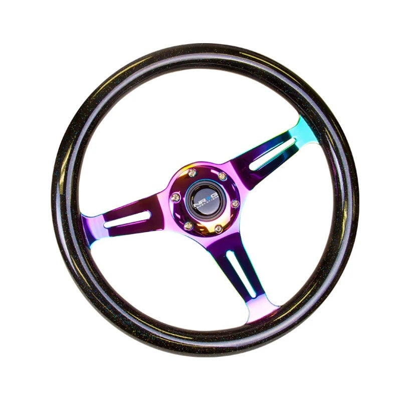 NRG 350mm wood grain steering wheel with Black Sparkle Galaxy finish and Neochrome 3-spoke center frame.