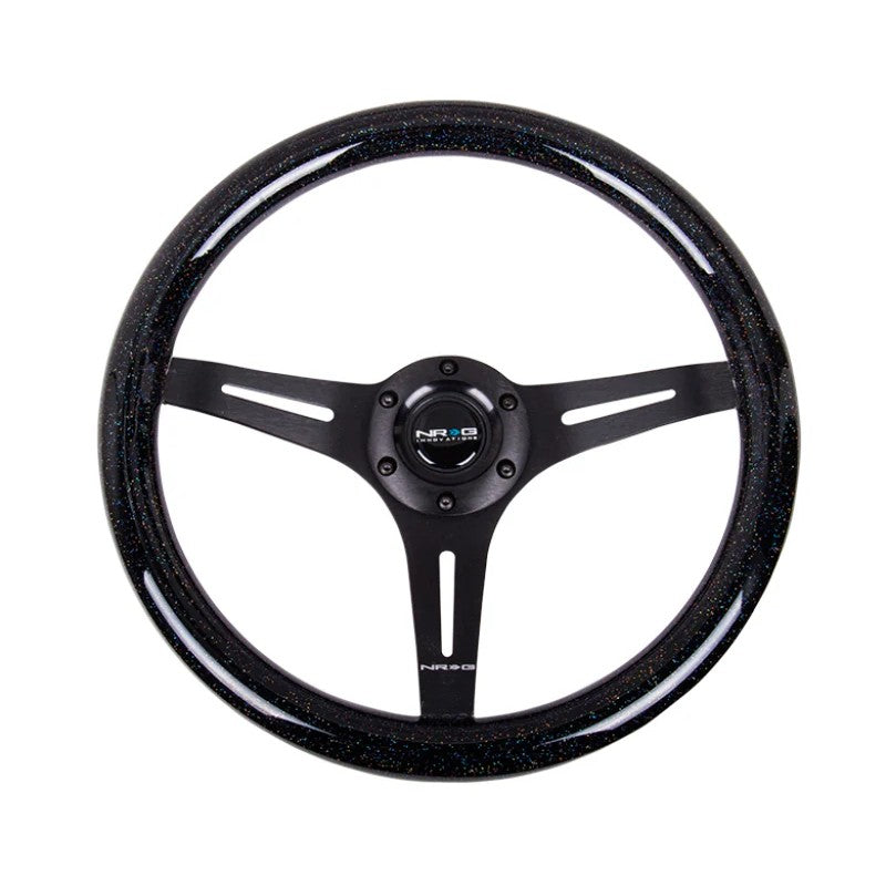 NRG Innovations 350mm Classic Wood Grain steering wheel with black sparkle finish and black 3-spoke center