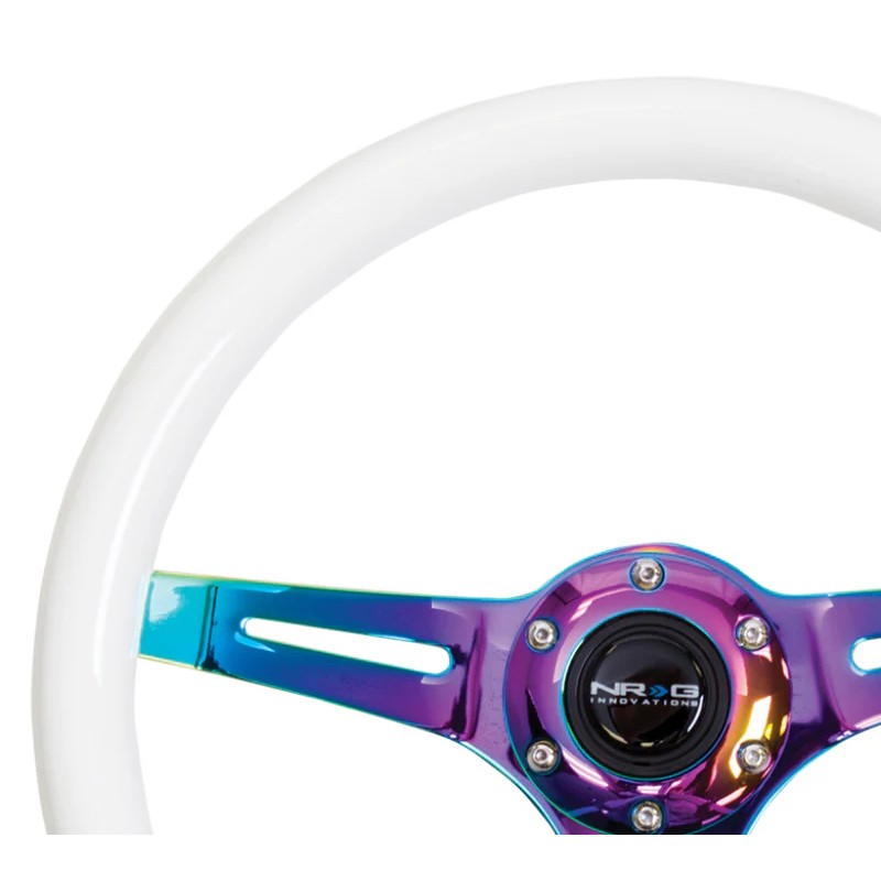 350mm NRG Classic steering wheel with glow-in-the-dark green wood grip and 3-spoke neochrome center