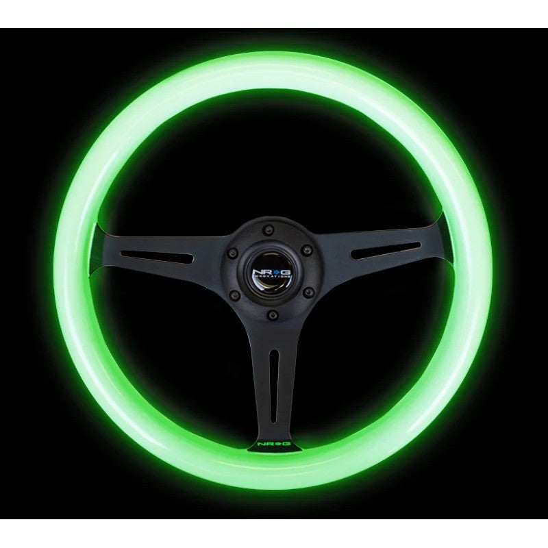 NRG Classic 350mm steering wheel with glow-in-the-dark green wood grain grip and black 3-spoke center.