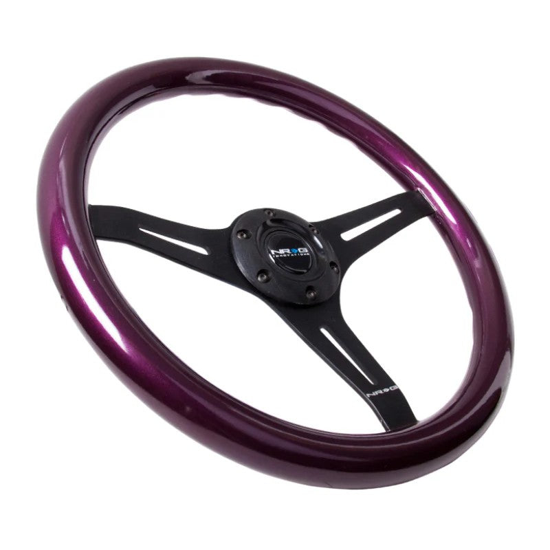 NRG Classic 350mm steering wheel with purple pearl flake painted wood grain rim and black 3-spoke center.