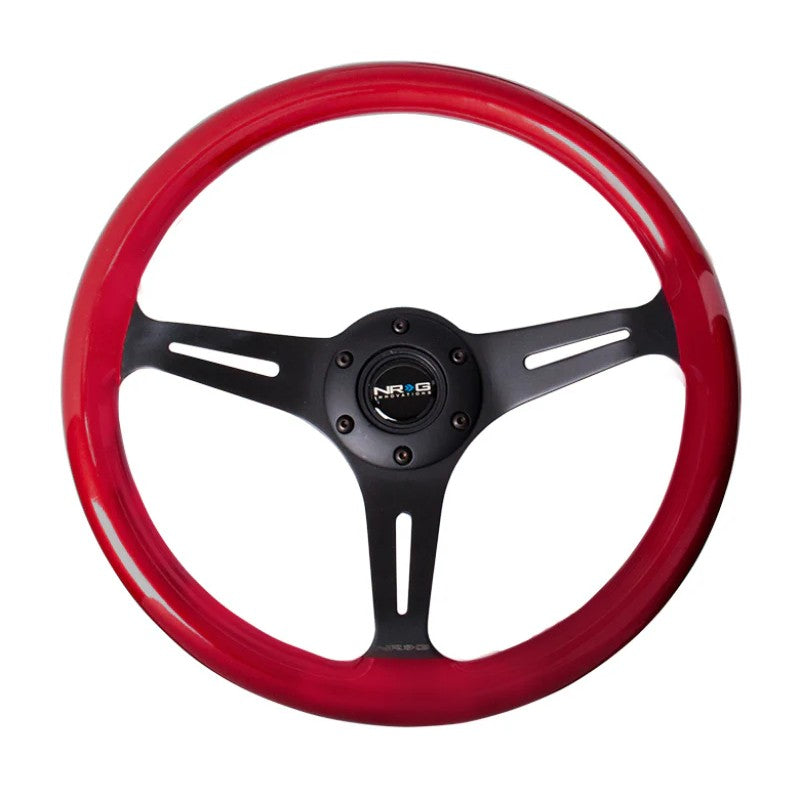 350mm NRG steering wheel with a red pearl flake wood rim and black 3-spoke center.