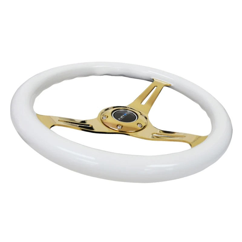 NRG Classic 350mm steering wheel with white wood grain grip and chrome gold 3-spoke center