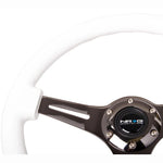 NRG 350mm steering wheel featuring a high-gloss white paint wood grain grip and black 3-spoke center.