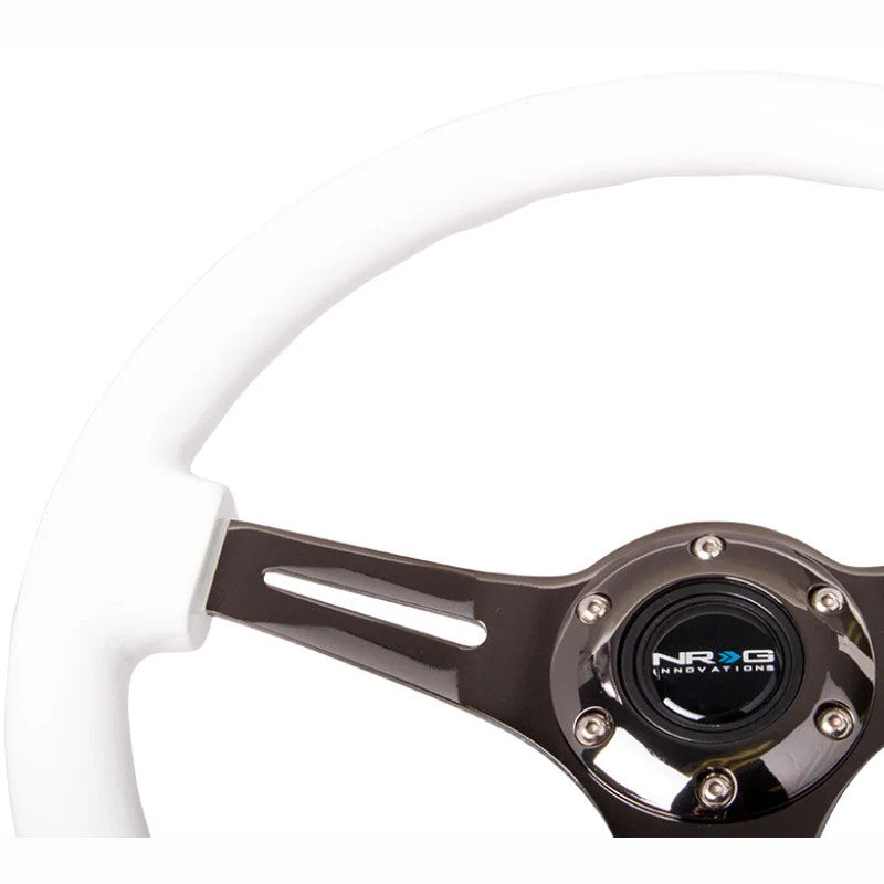 NRG 350mm steering wheel featuring a high-gloss white paint wood grain grip and black 3-spoke center.