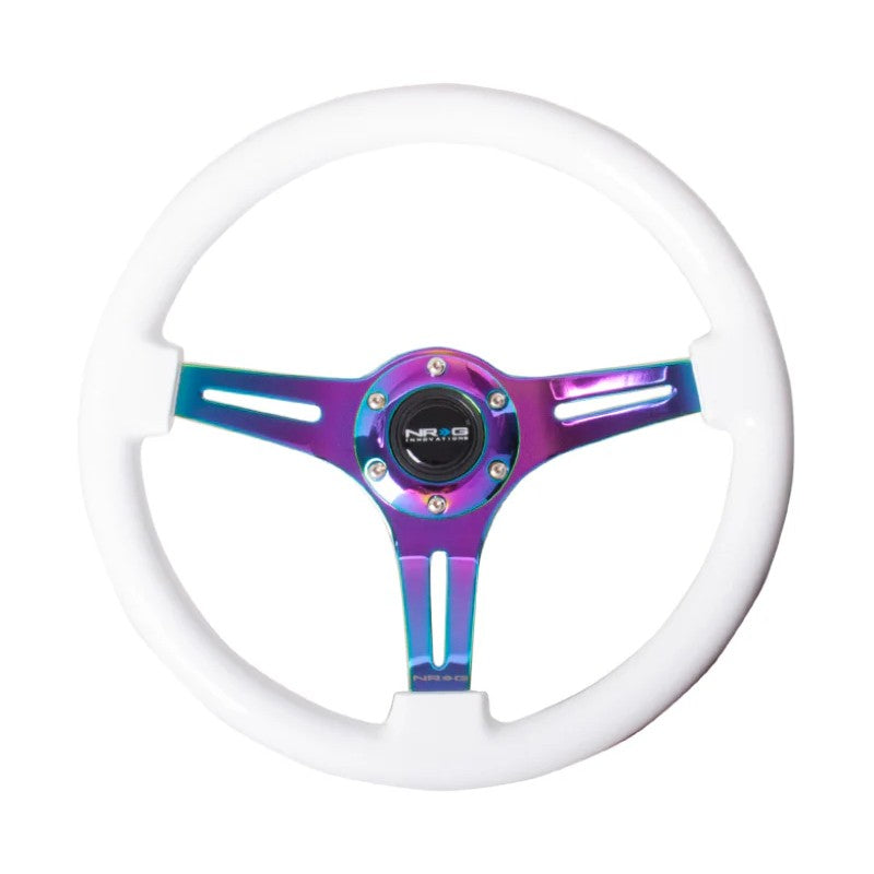 NRG Classic 350mm steering wheel featuring a white painted wood grain grip and a neochrome 3-spoke center.