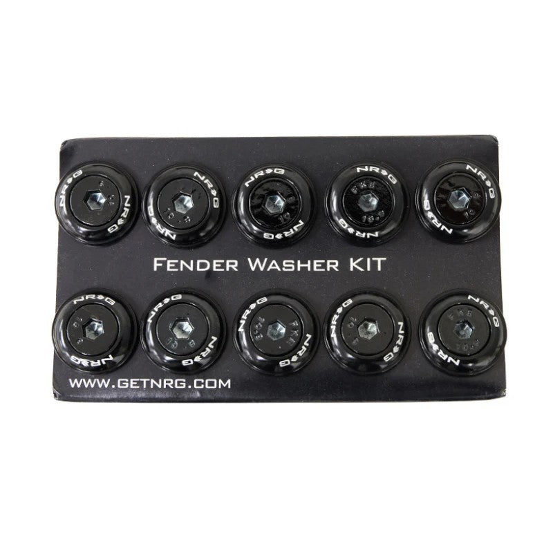 Ten black anodized NRG aluminum fender washers with matching M6 bolt rivets for plastic body panels.