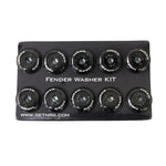 Ten black anodized NRG aluminum fender washers with matching M6 bolt rivets for plastic body panels.