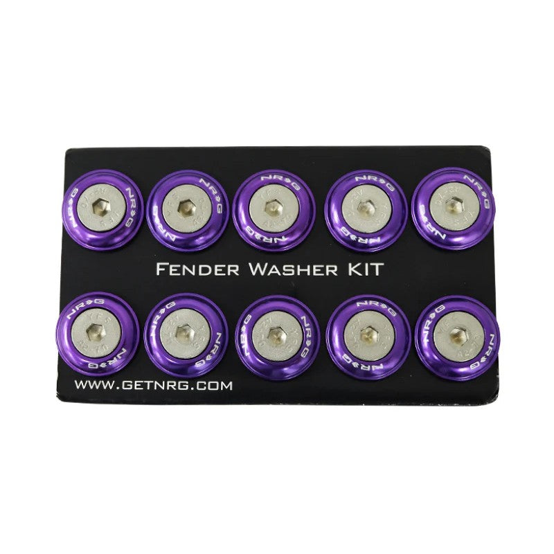 NRG FW-100PP purple anodized aluminum fender washers and rivets set of 10 for plastic panel mounting.