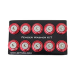 Ten red NRG anodized fender washers and matching rivets for plastic body panel installation.