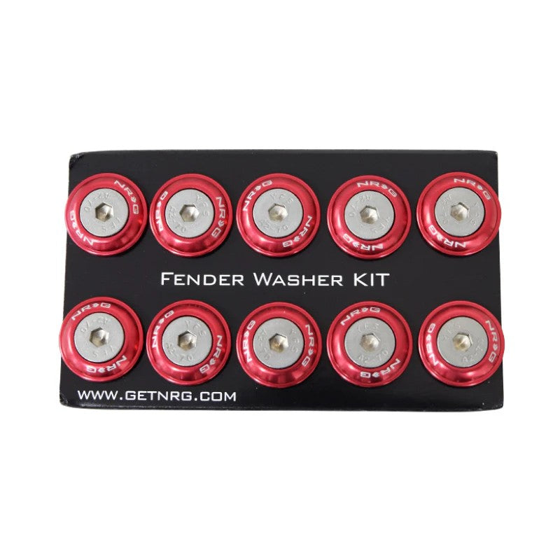Ten red NRG anodized fender washers and matching rivets for plastic body panel installation.