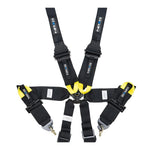Black NRG FIA 6-point racing harness featuring 2-inch shoulder straps for HANS devices and a rotary cam lock buckle.
