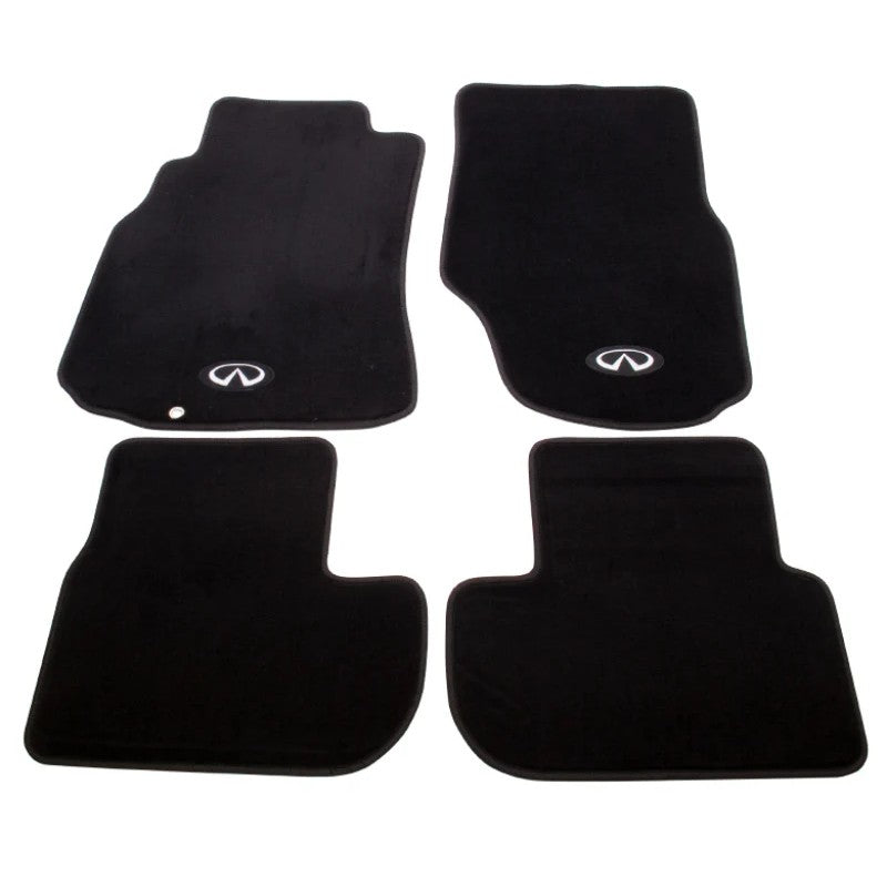 NRG Innovations 4-piece black floor mat set with Infiniti emblem logo for 2003-2006 Infiniti G35.