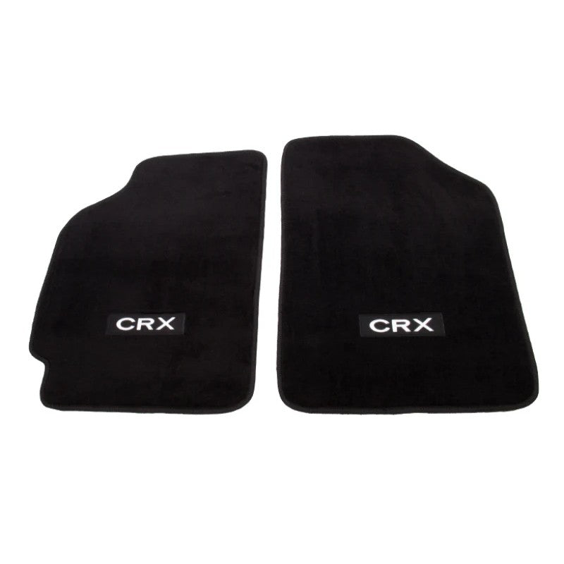 Pair of NRG Innovations black carpet floor mats with red CRX logo for 1988-1991 Honda Civic and CRX