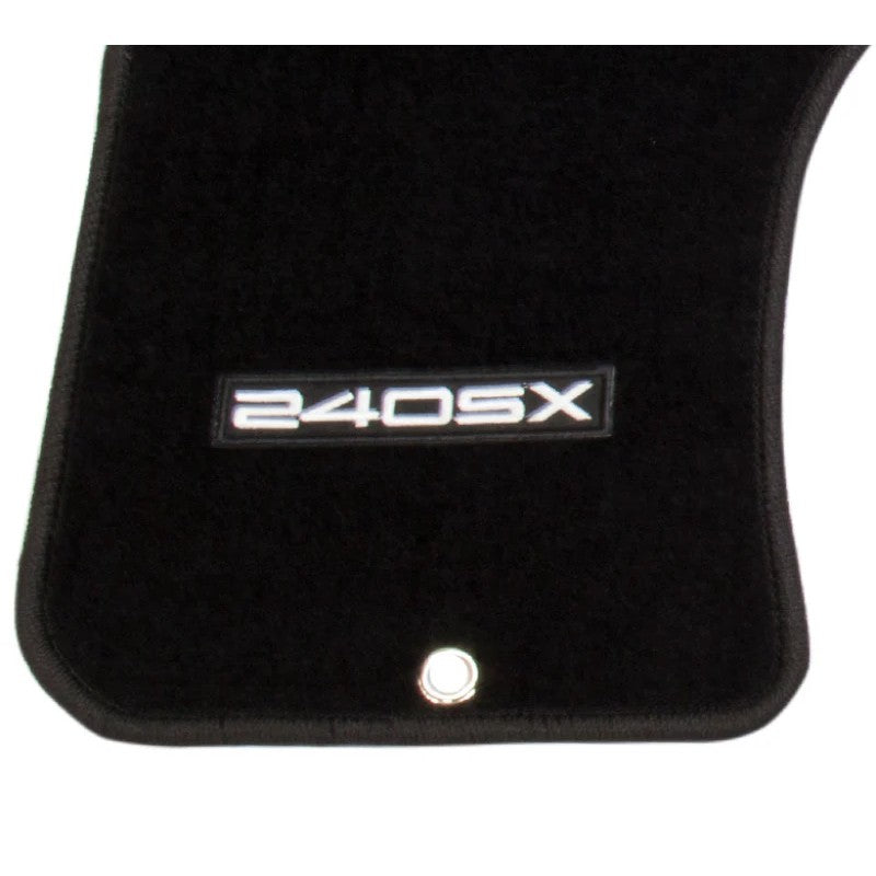 Pair of black NRG floor mats with white embroidered 240SX logo for 1989-1998 Nissan 240SX.