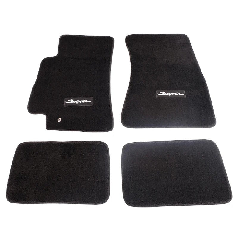 NRG black 4-piece floor mat set with embroidered Supra logo for 1996-2002 Toyota Supra.