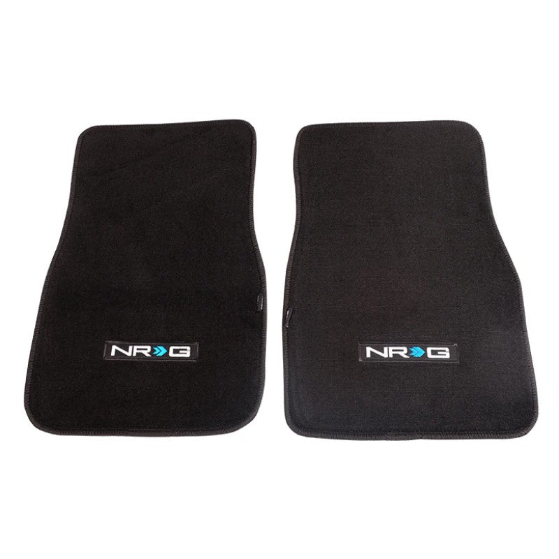 Two black universal NRG Innovations floor mats featuring the white NRG logo.