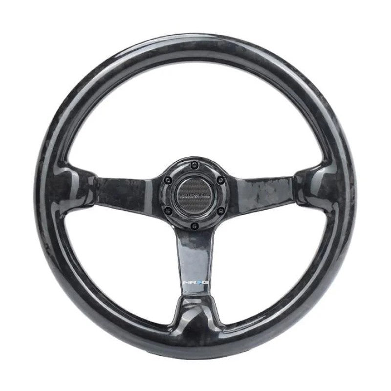 NRG 350mm forged carbon fiber steering wheel with a 3-inch deep dish and 6-bolt racing hub mounting pattern.