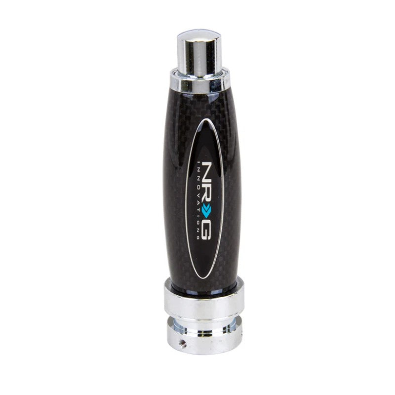 NRG Innovations emergency hand brake handle featuring a glossy black carbon fiber weave finish.