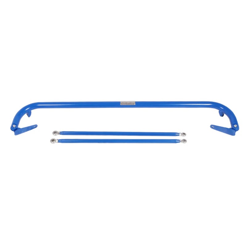 NRG Innovations 49-inch blue powder-coated steel harness bar with mounting brackets and hardware.