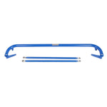 NRG Innovations 49-inch blue powder-coated steel harness bar with mounting brackets and hardware.